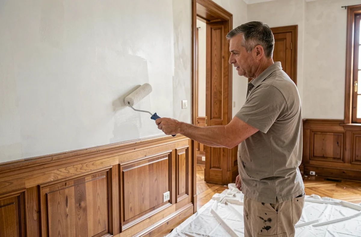Peintre appliquant une couche de peinture blanche dans une maison rénovée à Petit-Noir pour l'Entreprise Bailly