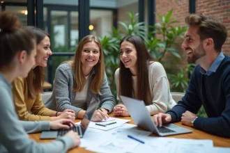 Groupe de professionnels en discussion agile au bureau