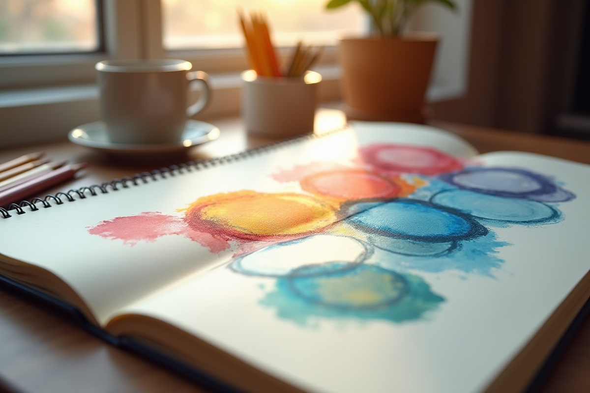 Espace de travail avec carnet de croquis et couleurs contrastantes