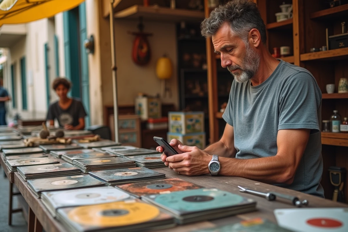 Vendeur assis derrière un étal de vide grenier organisé avec des vinyles et objets vintage dans une ville du sud de la France