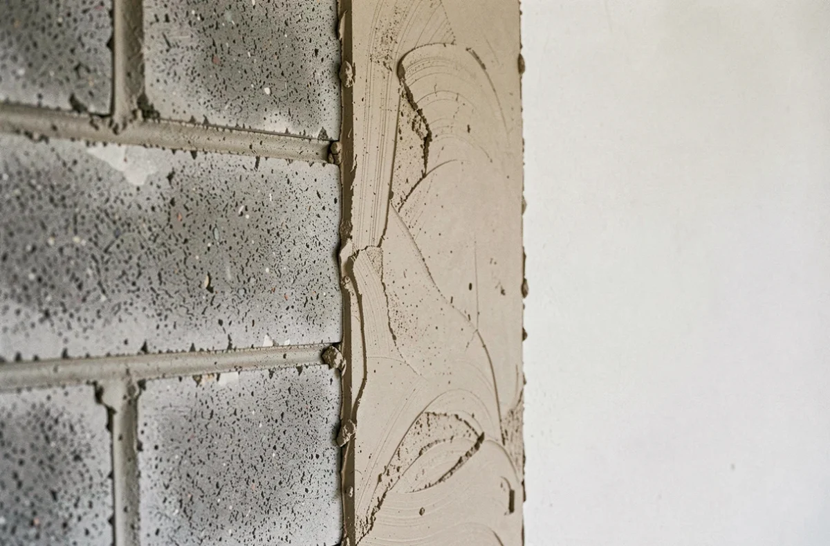 Gros plan sur un mur en parpaing montrant les différentes étapes d'enduisage avant peinture intérieure