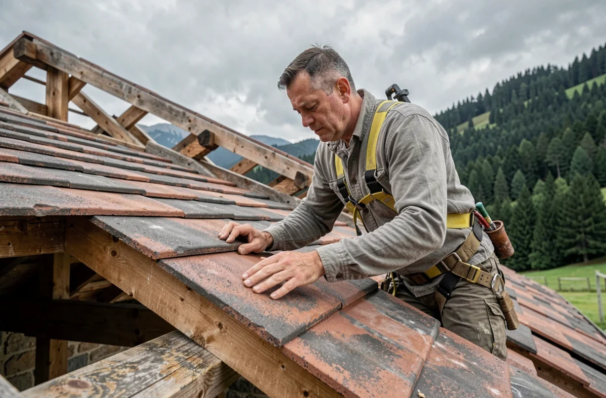 Couvreur posant des tuiles sur une charpente en bois d'une ferme rénovée à Arinthod pour les Ets Pernot