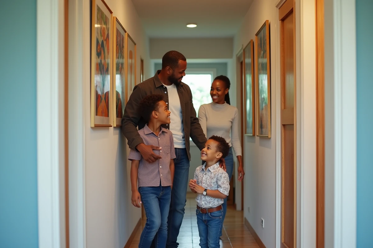 Famille regardant des posters colorés dans un couloir accueillant