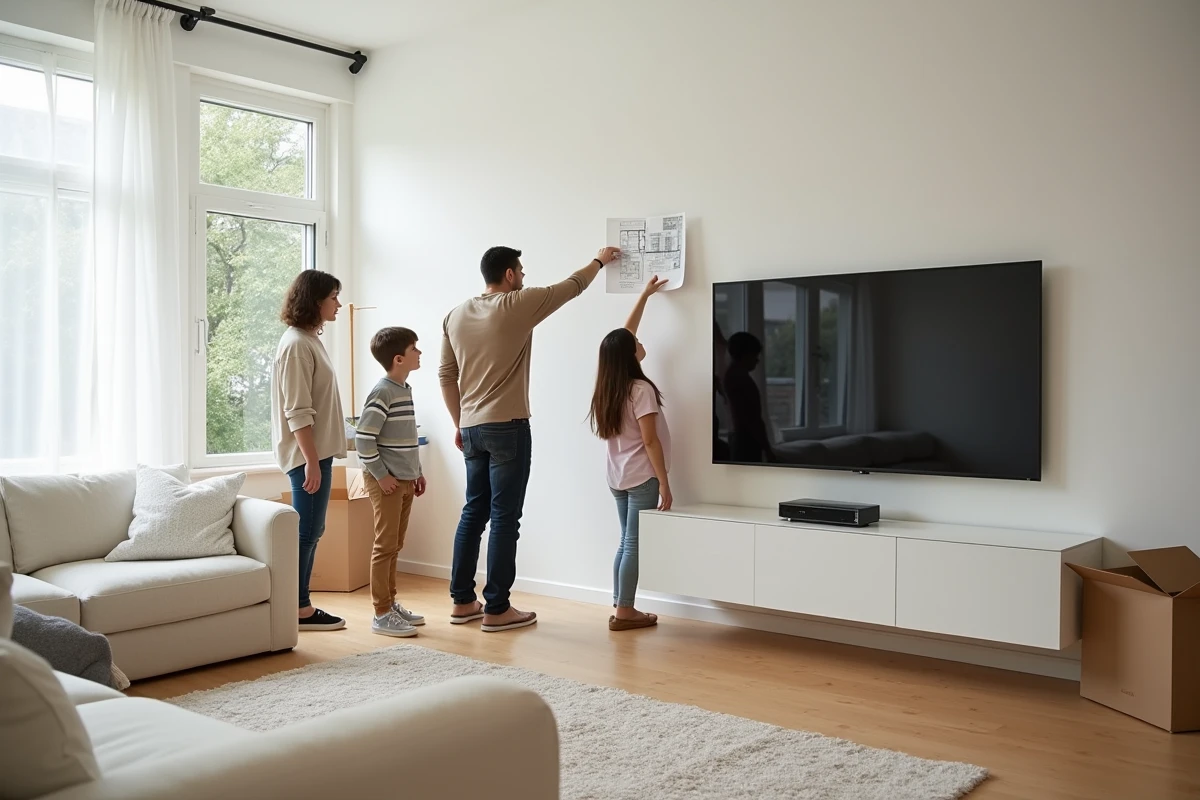 Famille discutant de l'emplacement des prises télé dans le salon d'une maison neuve