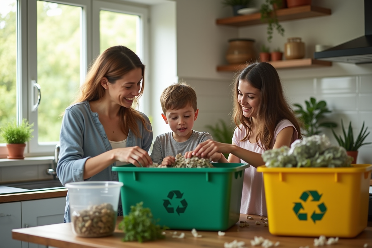 Famille triant les déchets dans la cuisine lumineuse