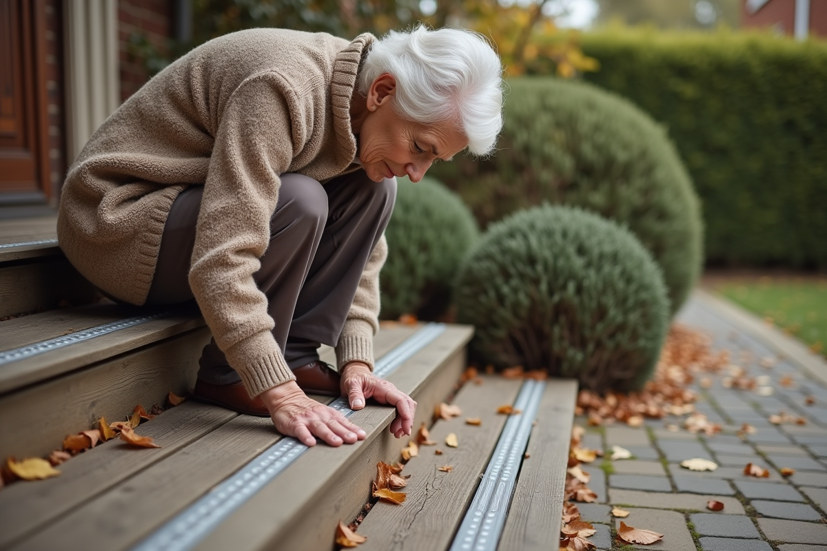 Femme âgée posant des bandes antidérapantes sur les escaliers
