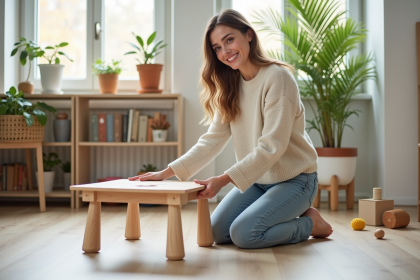 Femme souriante en denim assemble un meuble pour enfant dans un appartement lumineux