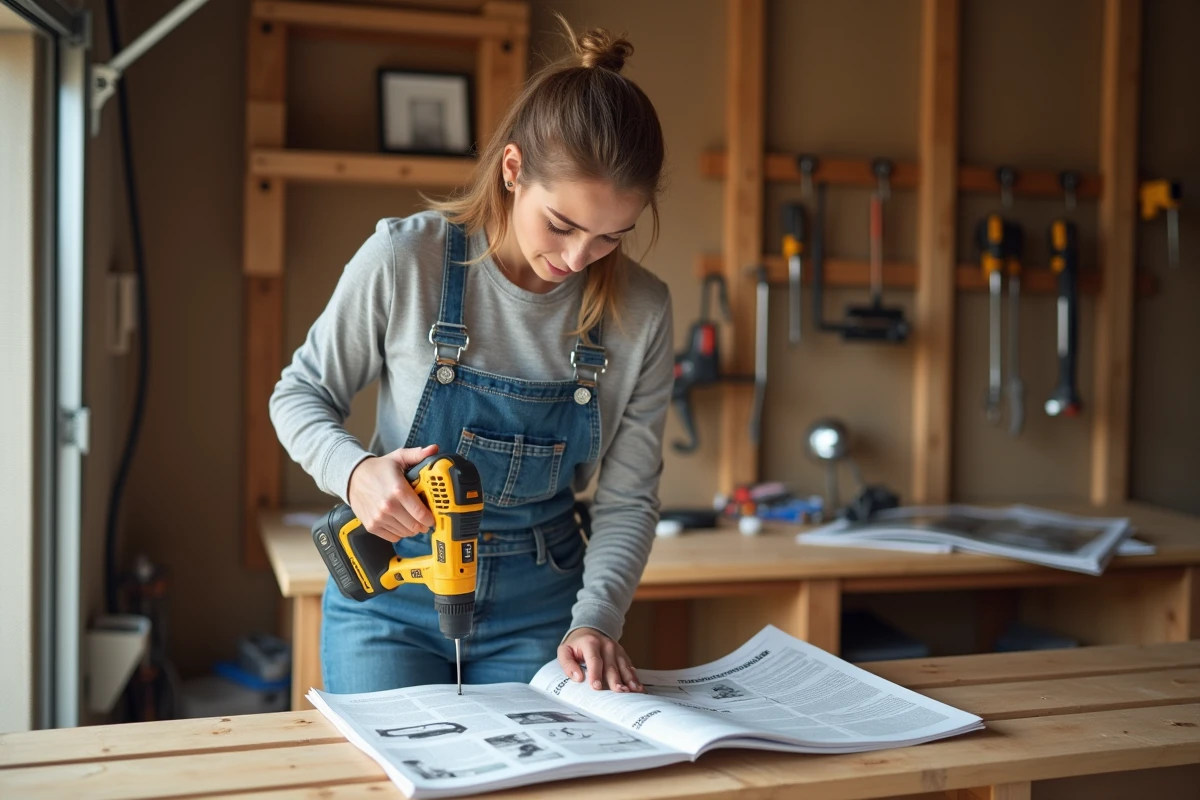 Jeune femme assemblant une étagère en bois dans son atelier