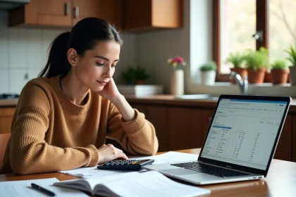 Jeune femme compare calculateur et ordinateur pour isolation