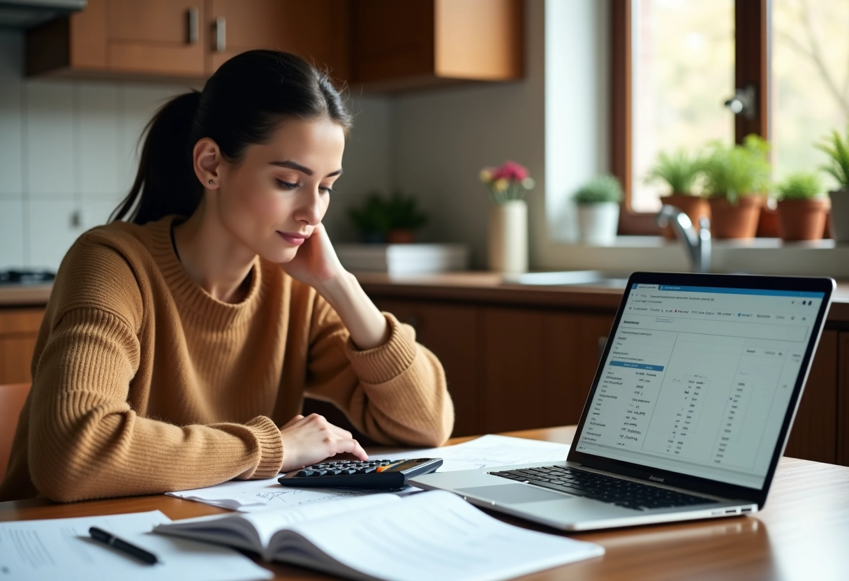 Jeune femme compare calculateur et ordinateur pour isolation