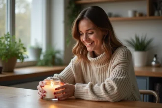 Femme en salon avec bougie parfumee allumee
