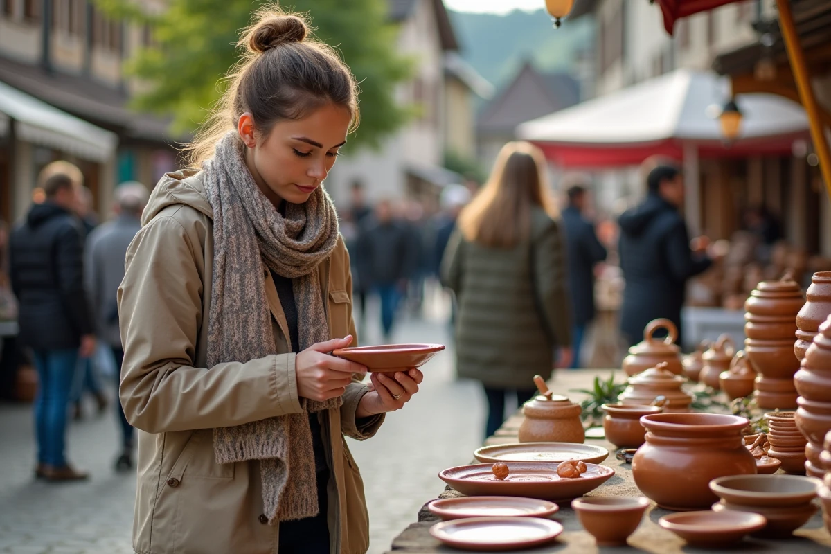 Jeune femme examinant une assiette en céramique dans un marché