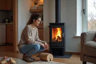 Femme ajoutant du bois dans une cheminée moderne chaleureuse