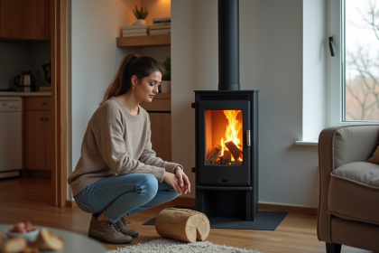 Femme ajoutant du bois dans une cheminée moderne chaleureuse