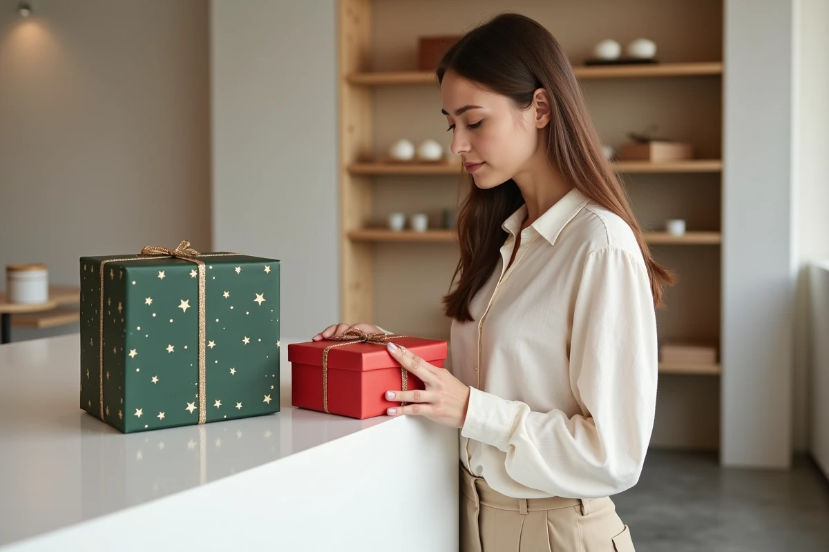 Femme choisissant entre une boîte cadeau imprimée et une boîte unie dans une boutique minimaliste