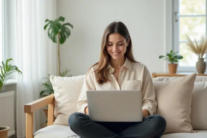 Jeune femme utilisant un code promo sur son ordinateur portable assise sur un canapé scandinave en chêne clair dans un salon minimaliste