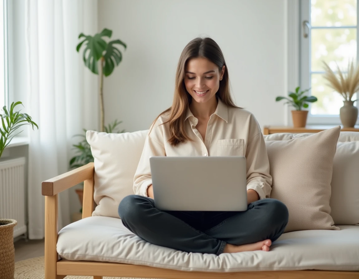 Jeune femme utilisant un code promo sur son ordinateur portable assise sur un canapé scandinave en chêne clair dans un salon minimaliste