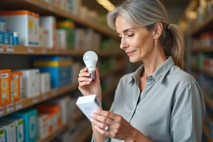 Femme comparant une ampoule LED avec son emballage dans un rayon de bricolage pour identifier le culot