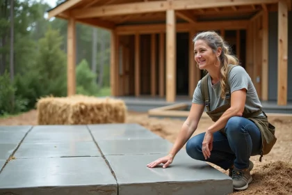 Femme en extérieur près d'une fondation écologique en construction