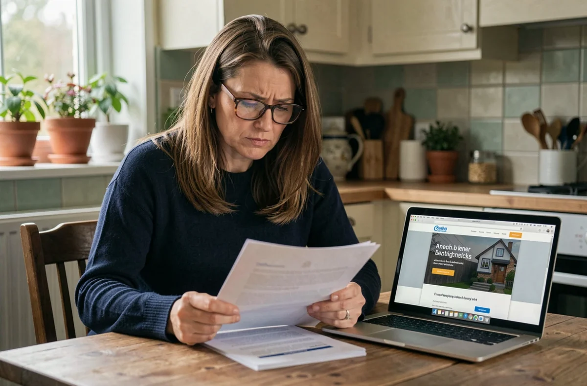 Femme consultant des documents et un site web sur l'isolation thermique à domicile pour évaluer la fiabilité des conseils