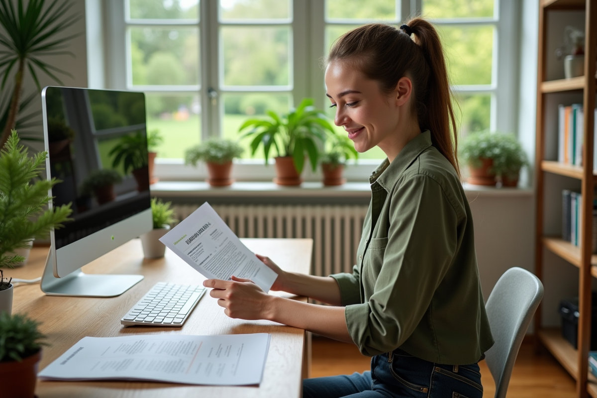 Jeune femme examinant devis d