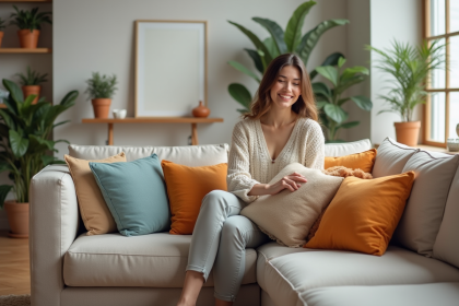 Femme souriante arrangeant des coussins colorés dans un salon moderne