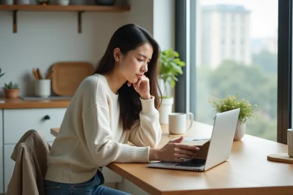Femme dans la cuisine examine un colis avec son ordinateur