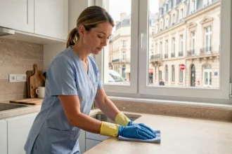 Femme de ménage professionnelle nettoyant le plan de travail d'une cuisine moderne à Besançon