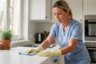 Femme de ménage en uniforme bleu essuyant un plan de travail dans une cuisine moderne, service à domicile rémunéré en Cesu