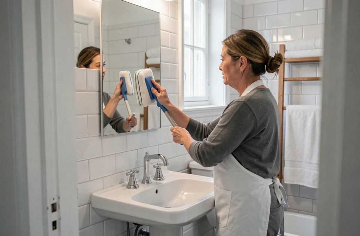 Femme de ménage à domicile nettoyant le miroir d'une salle de bain à Besançon