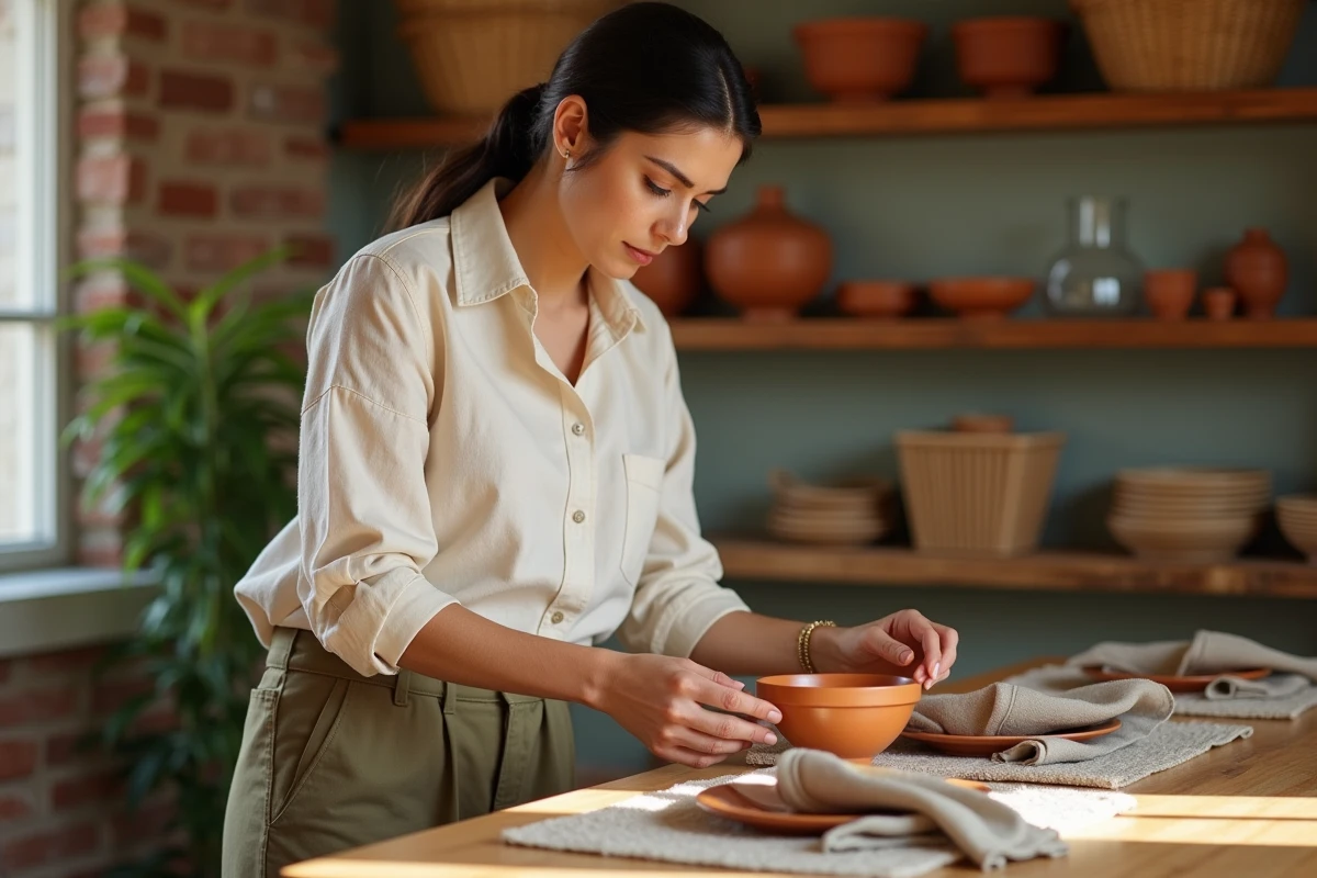 Femme arrangeant un bol en céramique terracotta sur une table en bois brut dans une salle à manger harmonieuse avec briques apparentes et accessoires en osier