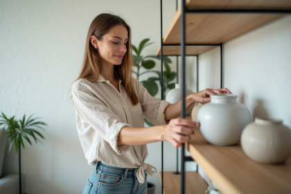 Femme arrangeant des vases en décoration intérieure