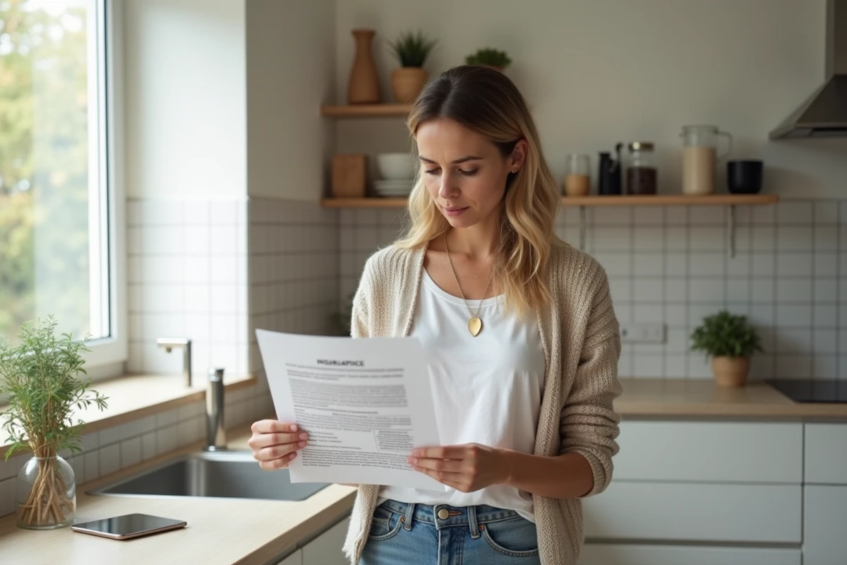 Femme consultant un document d'assurance après une fuite de chaudière fioul dans sa cuisine