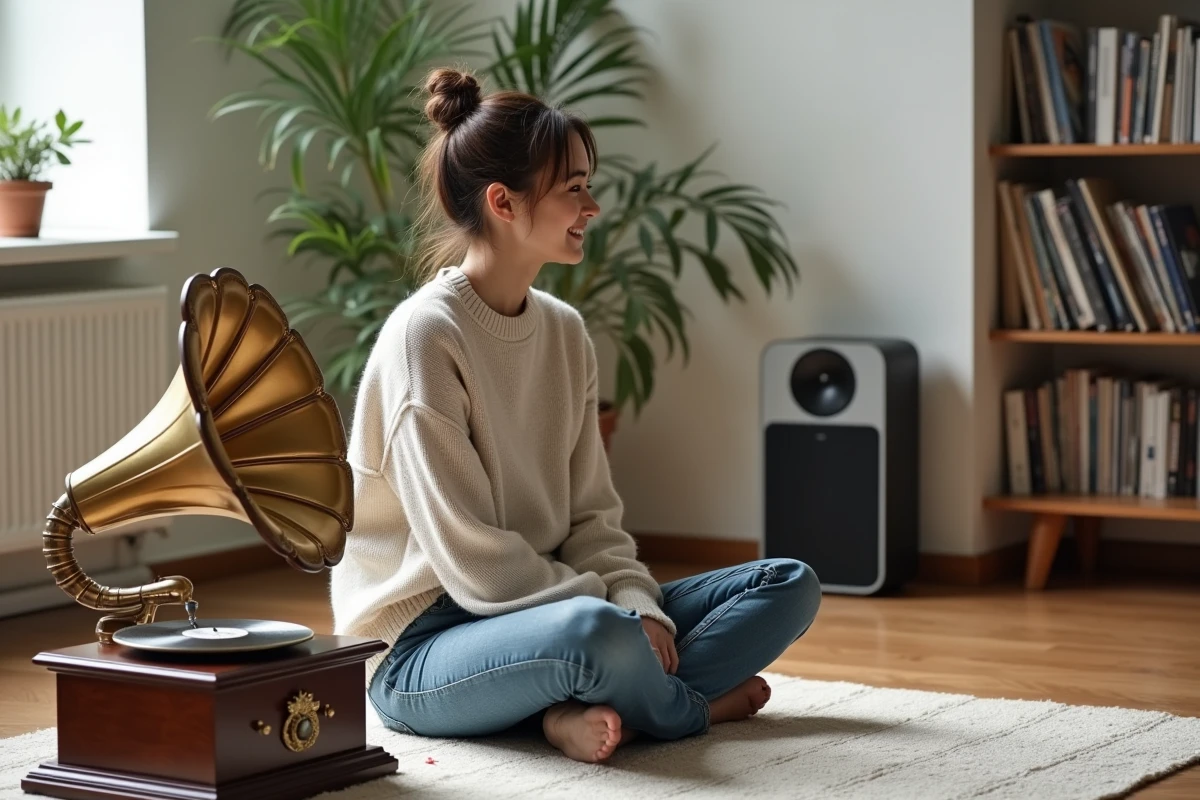 Jeune femme écoutant de la musique avec un gramophone ancien et un système moderne