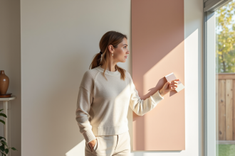 Femme élégante choisissant des échantillons de peinture dans un intérieur scandinave