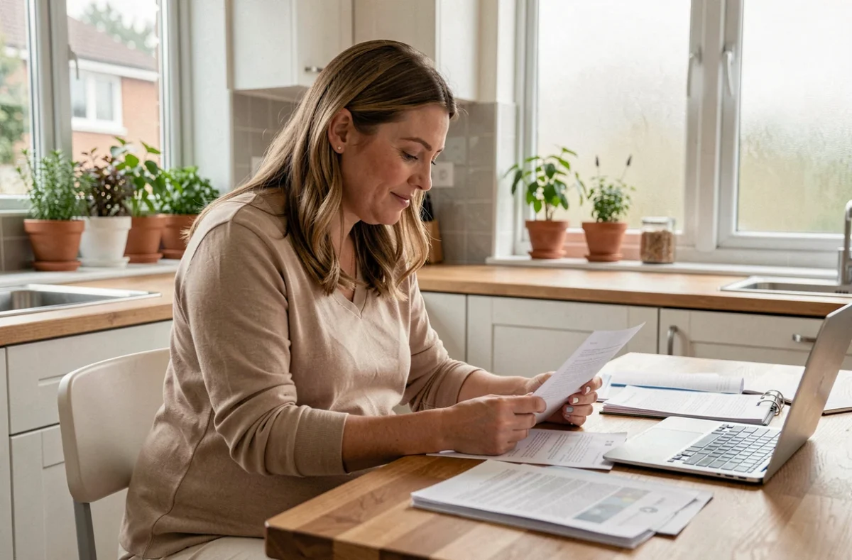 Femme enceinte de jumeaux organisant des documents administratifs pour une aide ménagère à domicile