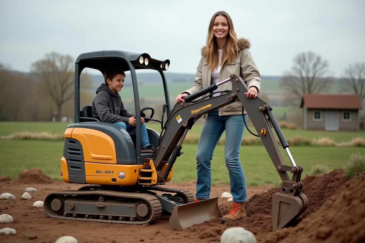Jeune femme utilisant une mini excavatrice en extérieur