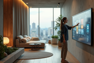 Jeune femme moderne interagissant avec une interface tactile dans un appartement futuriste