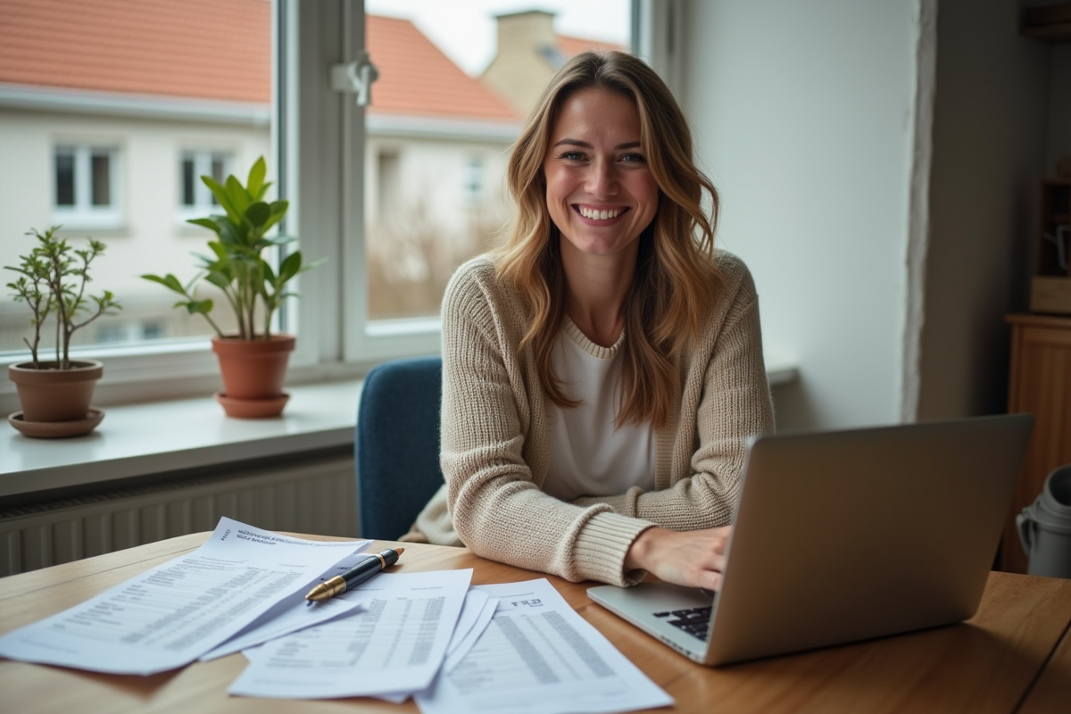 Femme souriante consulte ses papiers dans une cuisine chaleureuse