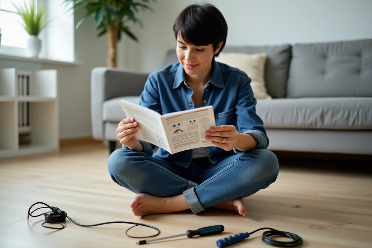 Femme adulte lisant un guide de bricolage électrique assis sur le sol, entourée d'outils et d'une prise à brancher