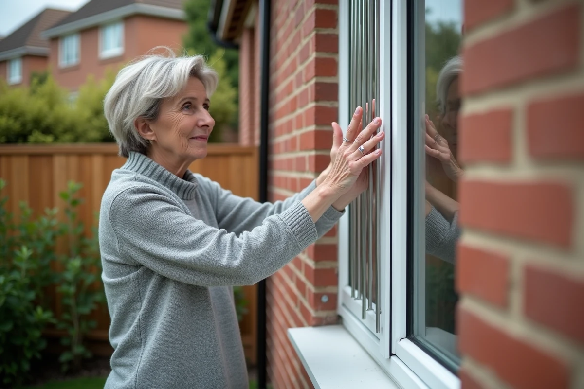 Femme inspectant un grillage de sécurité installé sur une fenêtre de maison individuelle
