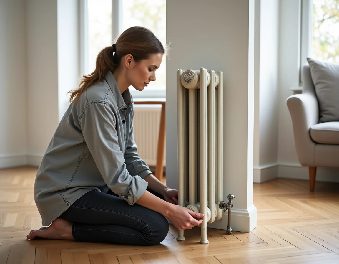 Femme installant un support de sol pour s&eacute;curiser un radiateur en fonte dans un salon au parquet en chevrons