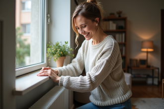 Femme appliquant du calfeutrage autour d'une fenêtre dans un salon moderne