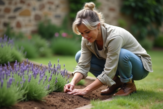 Femme plantant de la lavande dans son jardin