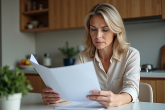 Femme d'âge moyen compare deux dépliants à la cuisine