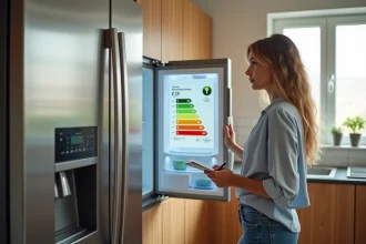 Femme lisant une etiquette sur un frigo moderne dans une cuisine