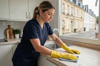 Femme de ménage professionnelle en uniforme nettoyant un plan de travail dans une cuisine moderne à Poitiers