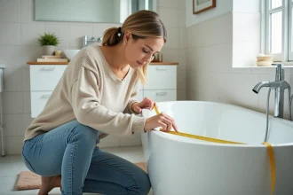Femme mesurant une baignoire blanche dans la salle de bain