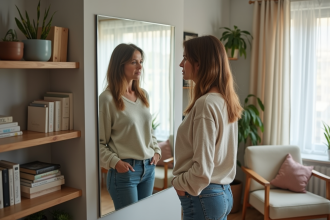 Femme regardant son reflet déformé dans un miroir mural