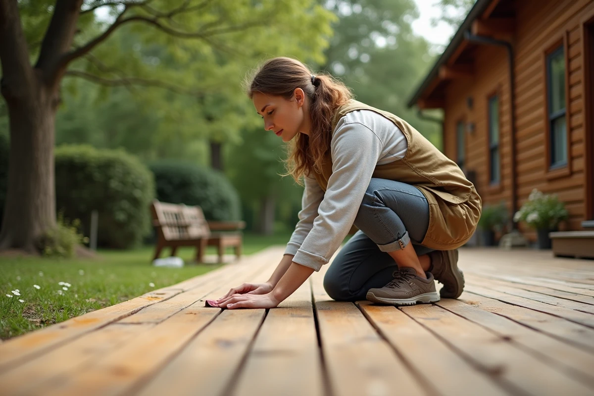 Femme nettoyant un sol en bois avec un chiffon dans le jardin